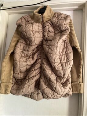 Women Quilted Puffer Jacket with Knit Sleeves - Tan
